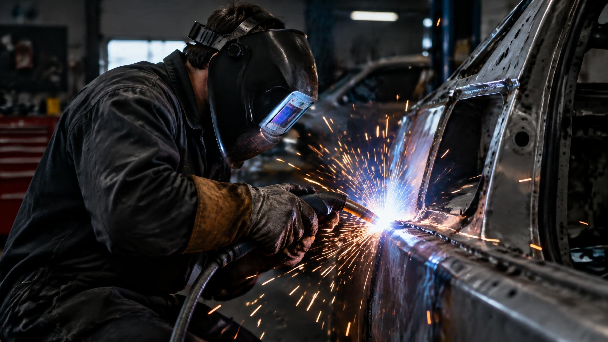 Welder in protective mask producing sparks while welding metal